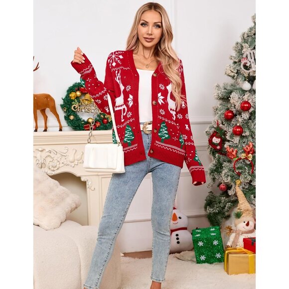 Women's Ugly Christmas Sweater Animal Tree Knit Cardigan Open Front Small - Picture 7 of 9